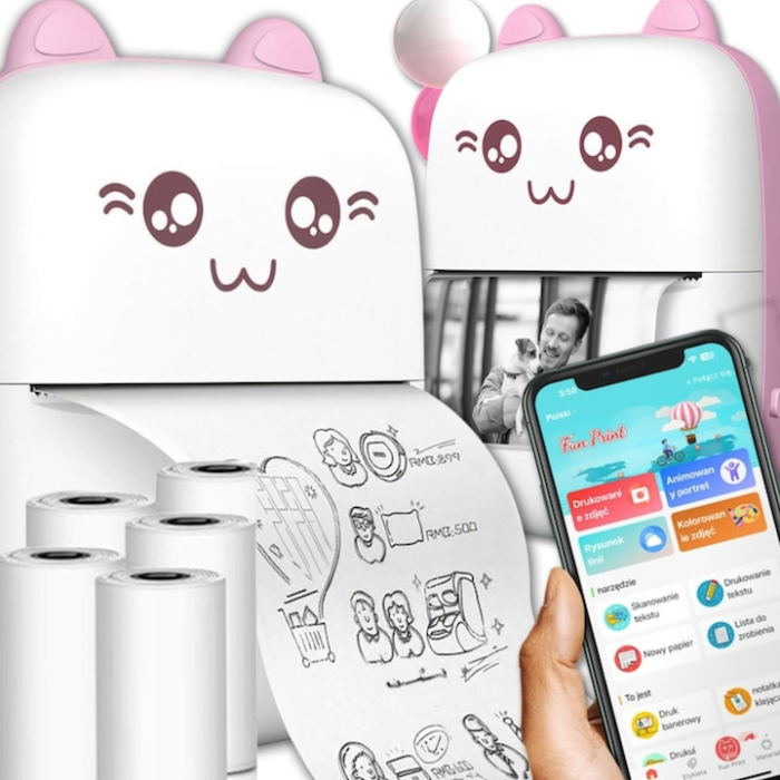 Mini imprimanta termica VarioShop®, Bluetooth, Compatibil iOS/Android, Imprimare APP, 1200 mAh, rola termica inclusa, model pisicuta cu urechiuse roze, 11 x 8 x 4 cm, Roz [1]