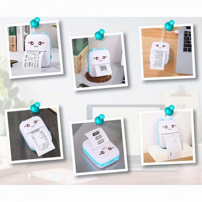 Mini imprimanta termica VarioShop®, cu 15 role hartie termica, 5 carioci, Bluetooth, Compatibil iOS/Android, Imprimare APP, 1200 mAh, model pisicuta cu urechiuse albastre, 11x8x4 cm Alb/albastru [24]