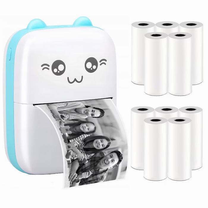 Mini imprimanta termica VarioShop®, cu 15 role hartie termica, 5 carioci, Bluetooth, Compatibil iOS/Android, Imprimare APP, 1200 mAh, model pisicuta cu urechiuse albastre, 11x8x4 cm Alb/albastru [13]