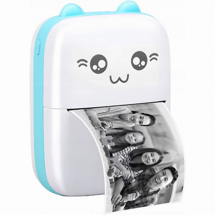 Mini imprimanta termica VarioShop®, cu 15 role hartie termica, 5 carioci, Bluetooth, Compatibil iOS/Android, Imprimare APP, 1200 mAh, model pisicuta cu urechiuse albastre, 11x8x4 cm Alb/albastru [15]