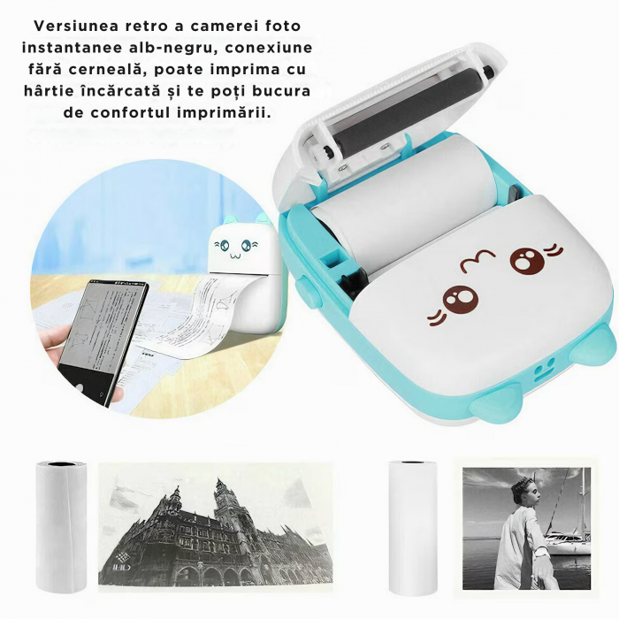 Mini imprimanta termica VarioShop®, cu 15 role hartie termica, 5 carioci, Bluetooth, Compatibil iOS/Android, Imprimare APP, 1200 mAh, model pisicuta cu urechiuse albastre, 11x8x4 cm Alb/albastru [20]