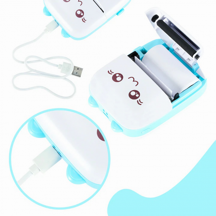 Mini imprimanta termica VarioShop®, cu 15 role hartie termica, 5 carioci, Bluetooth, Compatibil iOS/Android, Imprimare APP, 1200 mAh, model pisicuta cu urechiuse albastre, 11x8x4 cm Alb/albastru [9]