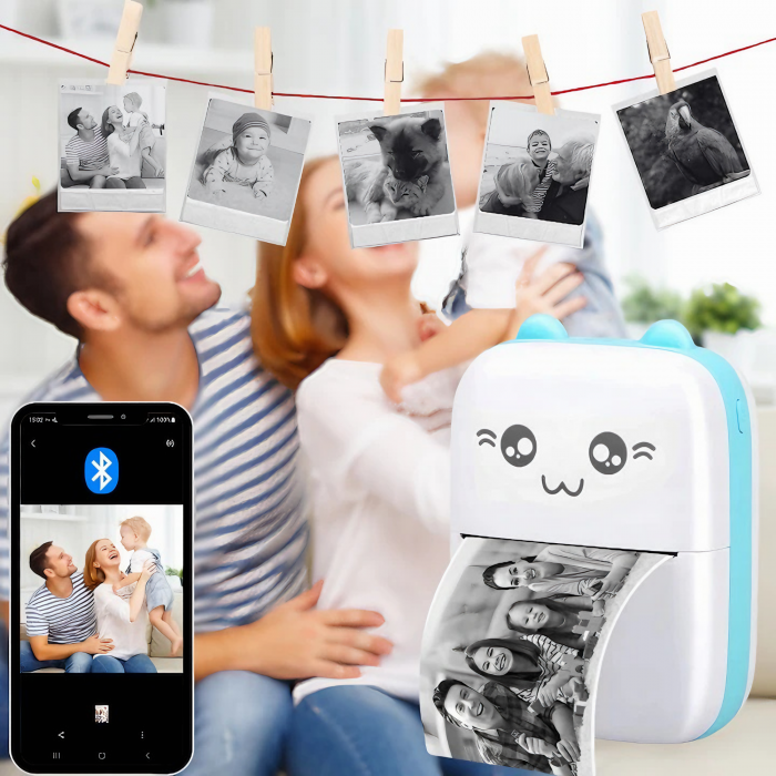 Mini imprimanta termica VarioShop®, cu 15 role hartie termica, 5 carioci, Bluetooth, Compatibil iOS/Android, Imprimare APP, 1200 mAh, model pisicuta cu urechiuse albastre, 11x8x4 cm Alb/albastru [19]