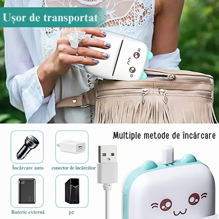 Mini imprimanta termica VarioShop®, cu 15 role hartie termica, 5 carioci, Bluetooth, Compatibil iOS/Android, Imprimare APP, 1200 mAh, model pisicuta cu urechiuse albastre, 11x8x4 cm Alb/albastru [28]