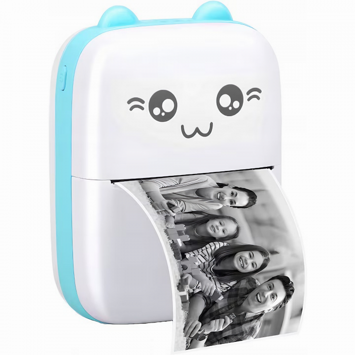 Mini imprimanta termica VarioShop®, cu 15 role hartie termica, 5 carioci, Bluetooth, Compatibil iOS/Android, Imprimare APP, 1200 mAh, model pisicuta cu urechiuse albastre, 11x8x4 cm Alb/albastru [31]