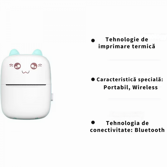 Mini imprimanta termica VarioShop®, cu 15 role hartie termica, 5 carioci, Bluetooth, Compatibil iOS/Android, Imprimare APP, 1200 mAh, model pisicuta cu urechiuse albastre, 11x8x4 cm Alb/albastru [5]