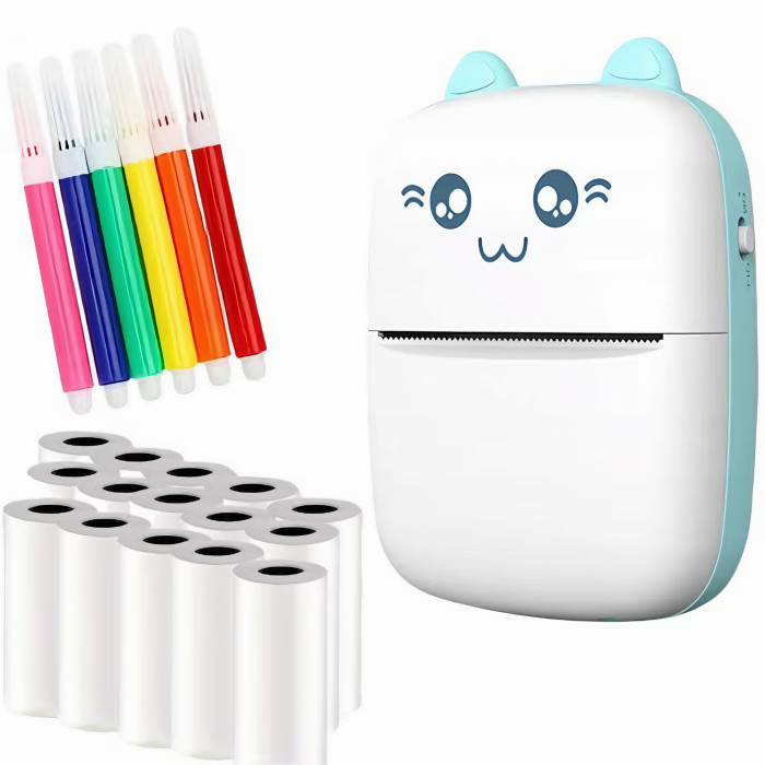 Mini imprimanta termica VarioShop®, cu 15 role hartie termica, 5 carioci, Bluetooth, Compatibil iOS/Android, Imprimare APP, 1200 mAh, model pisicuta cu urechiuse albastre, 11x8x4 cm Alb/albastru [17]