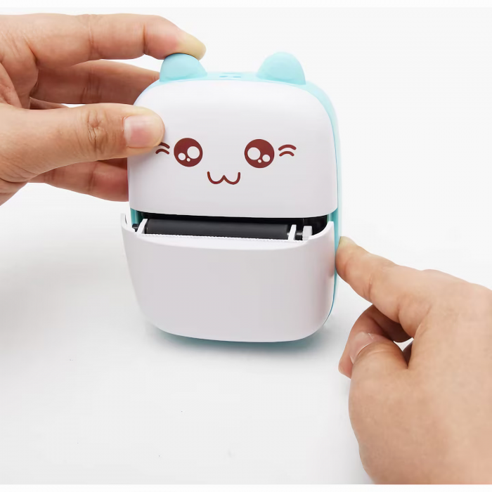 Mini imprimanta termica VarioShop®, cu 15 role hartie termica, 5 carioci, Bluetooth, Compatibil iOS/Android, Imprimare APP, 1200 mAh, model pisicuta cu urechiuse albastre, 11x8x4 cm Alb/albastru [30]