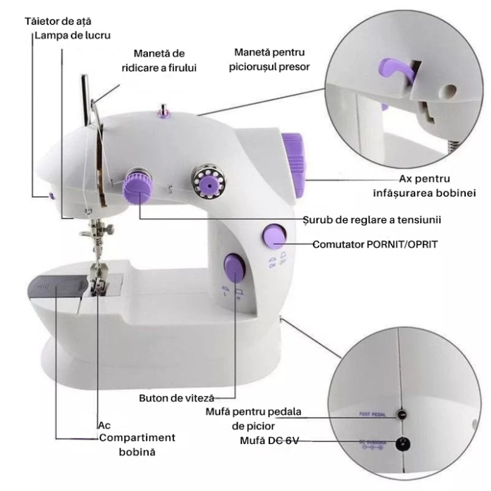 Mini masina de cusut portabila VarioShop®, 2 viteze, pedala de picior si alimentator incluse, reglare tensiune fir, picioare antiderapante, compacta 18.5x9x19 cm [3]
