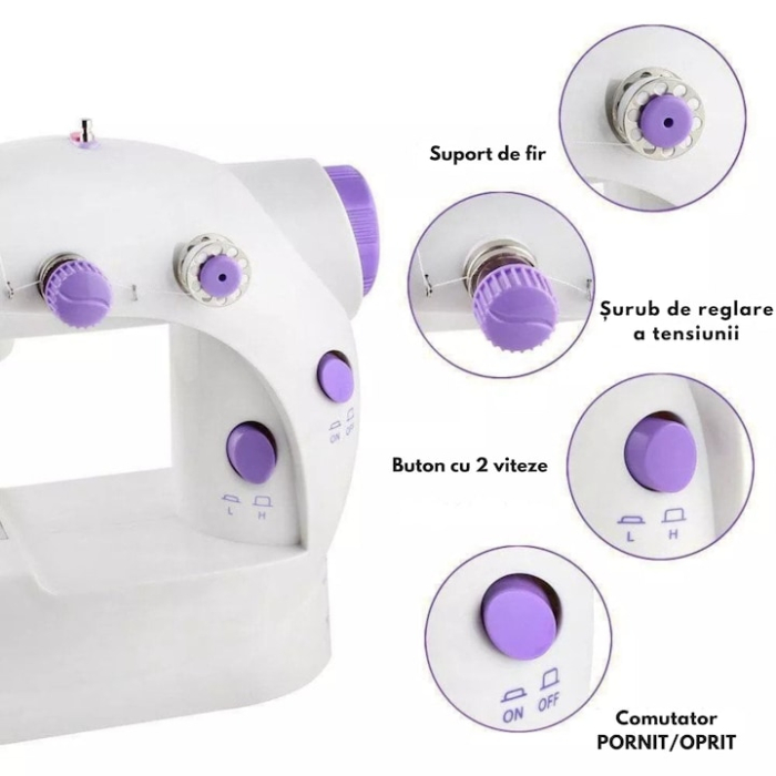 Mini masina de cusut portabila VarioShop®, 2 viteze, pedala de picior si alimentator incluse, reglare tensiune fir, picioare antiderapante, compacta 18.5x9x19 cm [2]