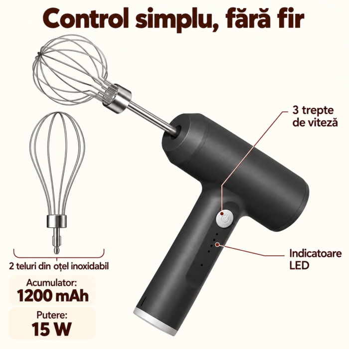Mixer de mana fara fir VarioShop®, 3 viteze, 2 accesorii din inox, acumulator 1200 mAh, incarcare Micro-USB, 15 W, negru [6]