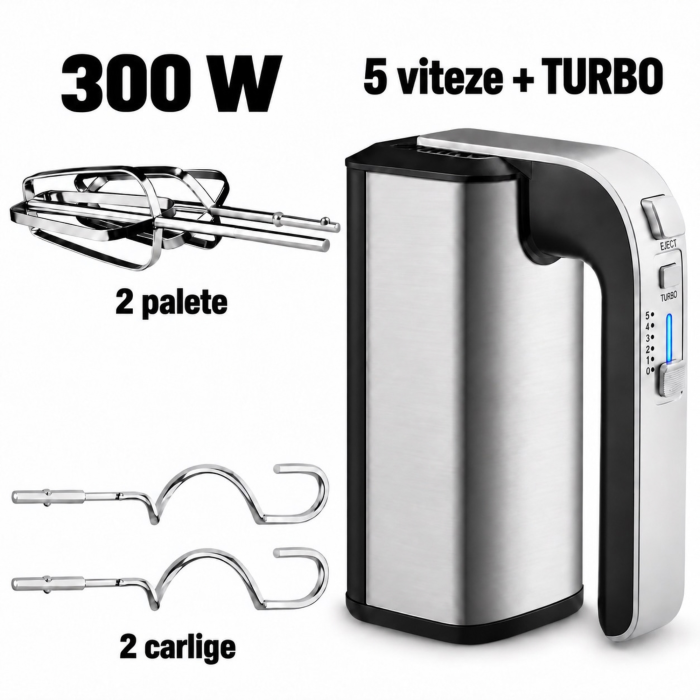 Mixer de mana VarioShop®, 300W, pentru prajituri, creme si aluat, 5 viteze, functie Turbo, accesorii incluse, argintiu [7]