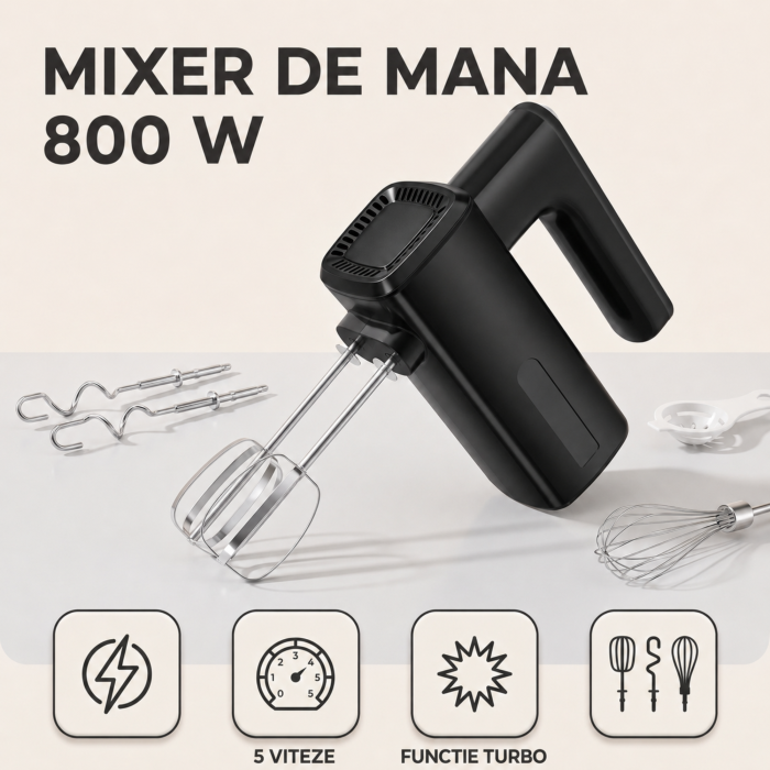 Mixer de mana VarioShop®, 800W, pentru prajituri, creme si aluat, 5 viteze, functie Turbo, accesorii incluse [7]
