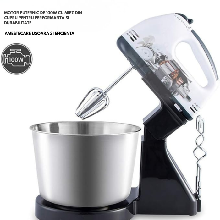 Mixer de mana Varioshop cu bol din inox, 7 viteze, 100W motor cu miez din cupru, functie Turbo, 4 accesorii pentru mixare si framantare, robot bucatarie compact pentru prajituri si aluaturi [5]