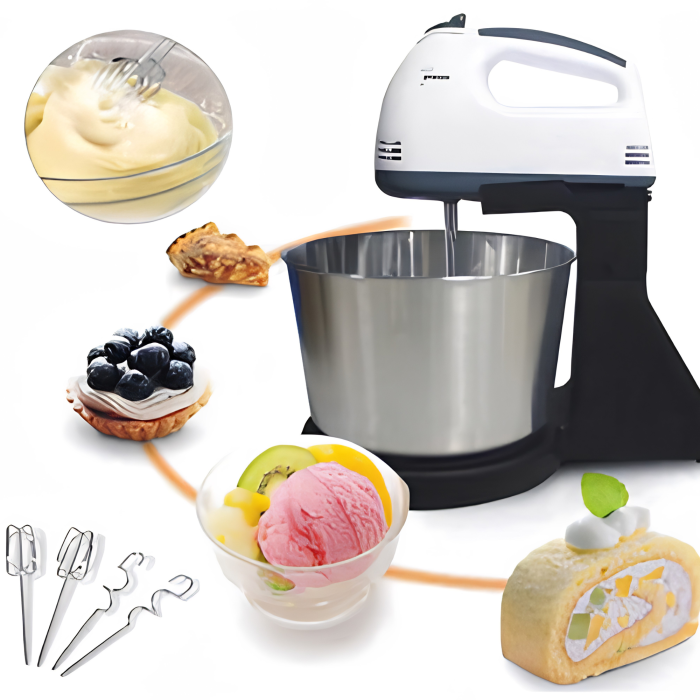 Mixer de mana Varioshop cu bol din inox, 7 viteze, 100W motor cu miez din cupru, functie Turbo, 4 accesorii pentru mixare si framantare, robot bucatarie compact pentru prajituri si aluaturi [7]