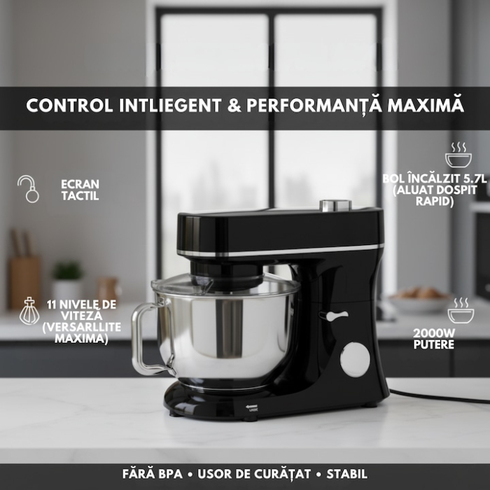 Mixer planetar profesional cu bol incalzit VarioShop®, 5.7 L, 2000 W, 11 trepte de viteza, ecran tactil digital, 3 accesorii incluse, robot de bucatarie multifunctional pentru aluaturi, creme si deser [4]