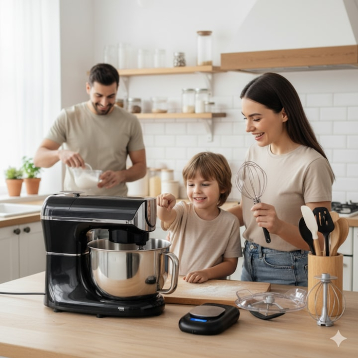 Mixer planetar profesional VarioShop®, bol incalzit, 5.5 L, 2000 W, 11 viteze, afisaj digital, 3 accesorii incluse, functii de framantare, batere, amestecare si fermentare, pentru aluaturi, creme, pai [3]