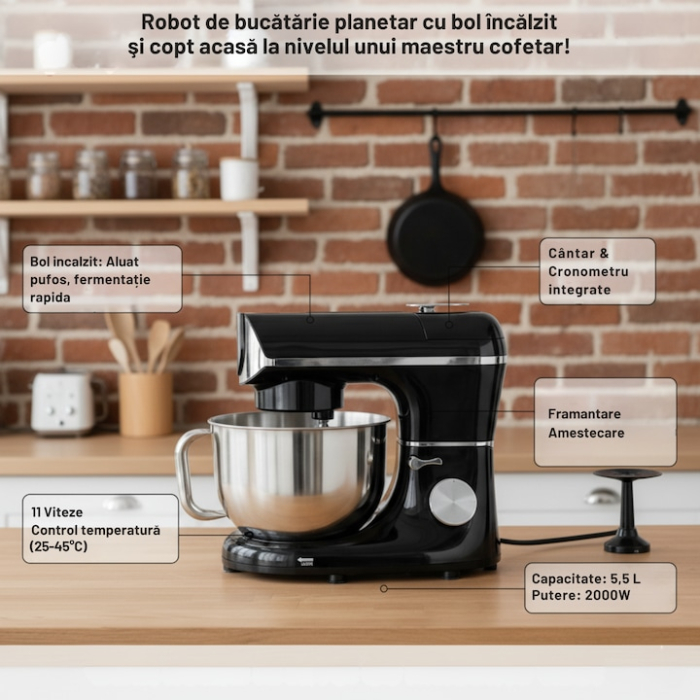 Mixer planetar profesional VarioShop®, bol incalzit, 5.5 L, 2000 W, 11 viteze, afisaj digital, 3 accesorii incluse, functii de framantare, batere, amestecare si fermentare, pentru aluaturi, creme, pai [2]