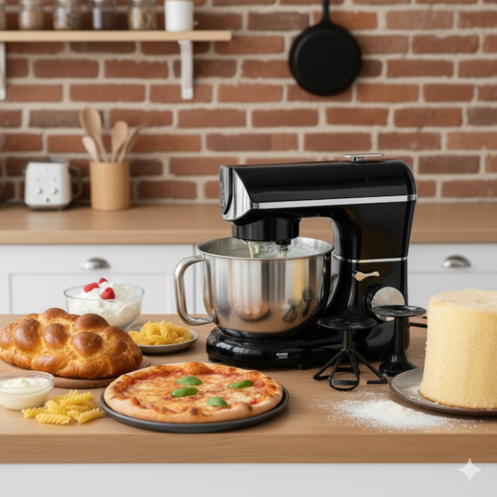 Mixer planetar profesional VarioShop®, bol incalzit, 5.5 L, 2000 W, 11 viteze, afisaj digital, 3 accesorii incluse, functii de framantare, batere, amestecare si fermentare, pentru aluaturi, creme, pai [6]