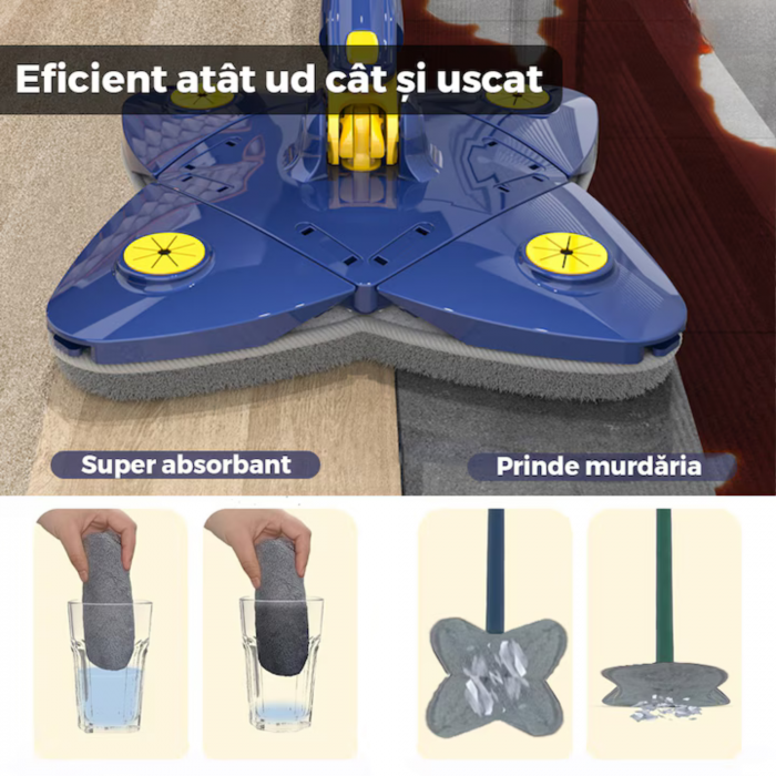 Mop cu Cap in Forma de Stea VarioShop®, Rotire 360 grade, Telescopic, Curatare usoara, Potrivit pentru gresie, marmura, ceramica, lemn, sticla etc., 140 x 24 cm, Albastru/galben [5]