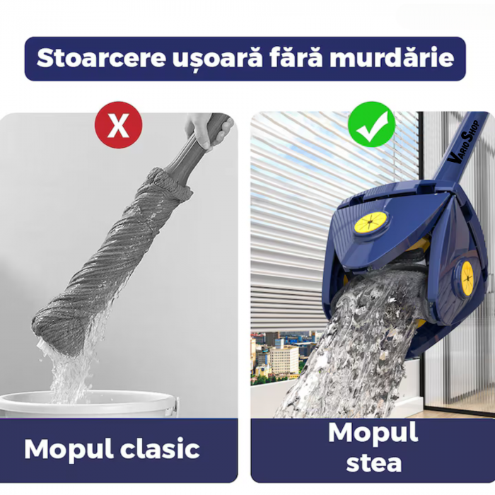 Mop cu Cap in Forma de Stea VarioShop®, Rotire 360 grade, Telescopic, Curatare usoara, Potrivit pentru gresie, marmura, ceramica, lemn, sticla etc., 140 x 24 cm, Albastru/galben [4]