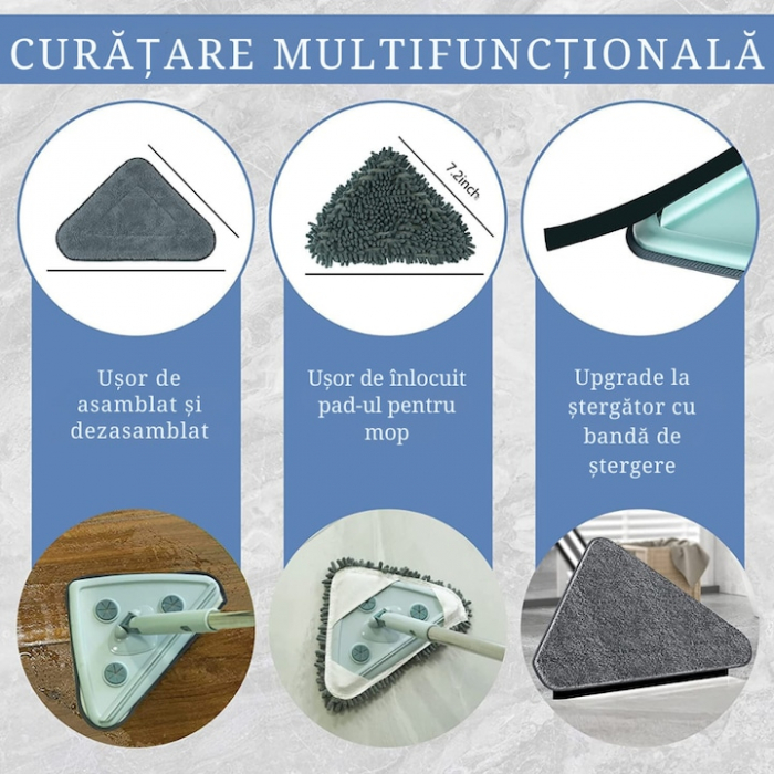 Mop cu Cap Triunghiular VarioShop®, Pliabil, Rotire 360 de Grade, Laveta Microfibra, Prevazut cu Racleta, Maner Reglabil 61 - 91cm, Verde [4]