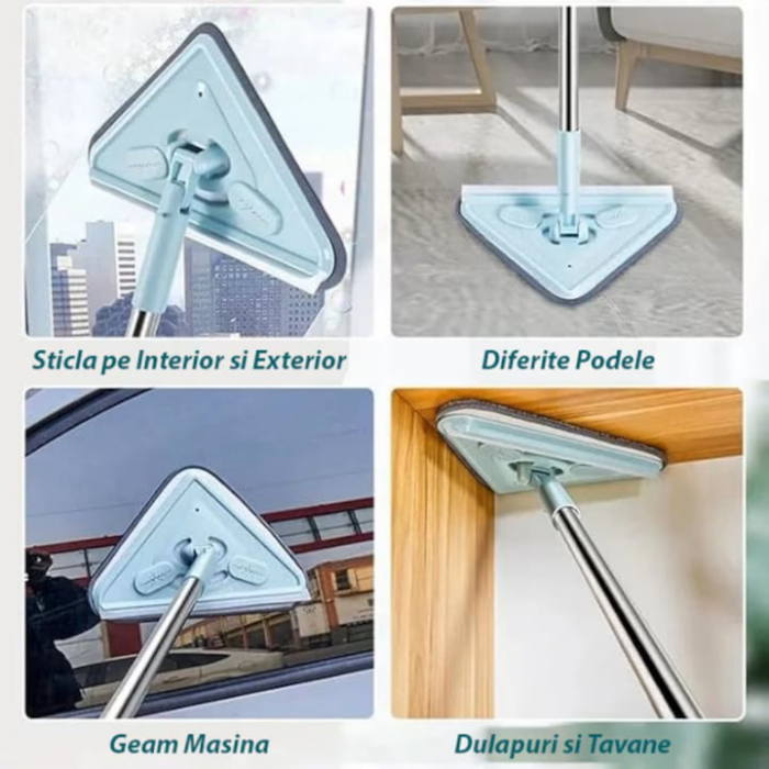 Mop cu Cap Triunghiular VarioShop®, Pliabil, Rotire 360 de Grade, Laveta Microfibra, Prevazut cu Racleta, Maner Reglabil 61 - 91cm, Verde [6]