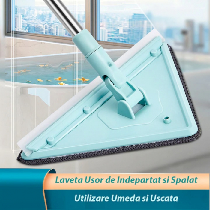 Mop cu Cap Triunghiular VarioShop®, Pliabil, Rotire 360 de Grade, Laveta Microfibra, Prevazut cu Racleta, Maner Reglabil 61 - 91cm, Verde [8]