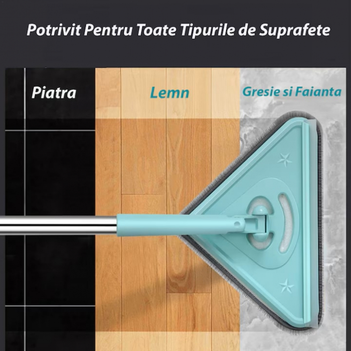 Mop cu Cap Triunghiular VarioShop®, Pliabil, Rotire 360 de Grade, Laveta Microfibra, Prevazut cu Racleta, Maner Reglabil 61 - 91cm, Verde [11]