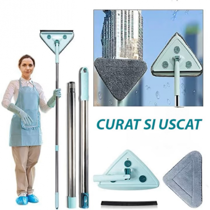 Mop cu Cap Triunghiular VarioShop®, Pliabil, Rotire 360 de Grade, Laveta Microfibra, Prevazut cu Racleta, Maner Reglabil 61 - 91cm, Verde [13]