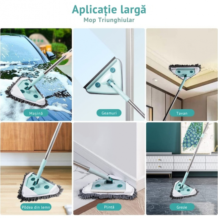 Mop cu Cap Triunghiular VarioShop®, Pliabil, Rotire 360 de Grade, Laveta Microfibra, Prevazut cu Racleta, Maner Reglabil 61 - 91cm, Verde [3]