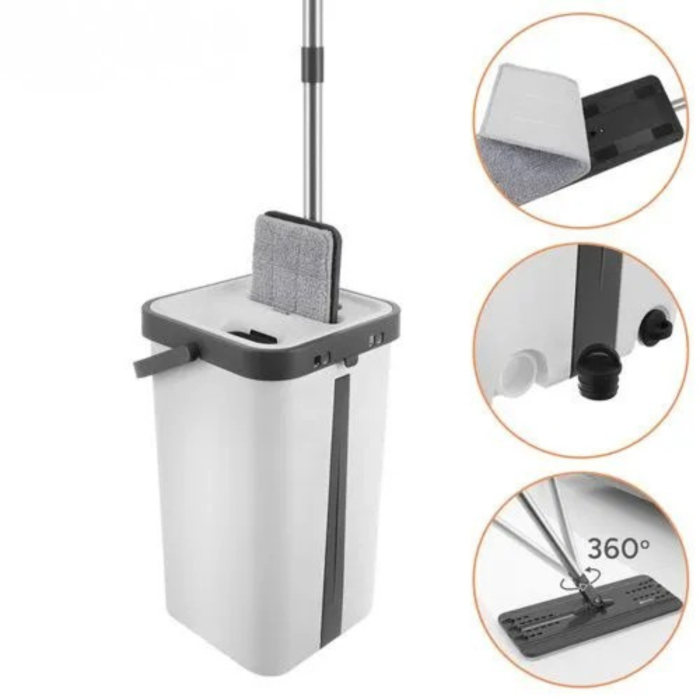 Mop plat cu galeata VarioShop®, pentru curatarea podelelor, sistem cu doua compartimente apa curata/murdara, capacitate 11L, 3 rezerve incluse, alb/negru [10]