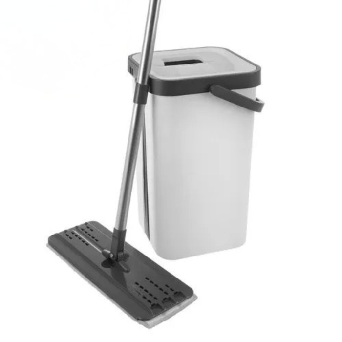 Mop plat cu galeata VarioShop®, pentru curatarea podelelor, sistem cu doua compartimente apa curata/murdara, capacitate 11L, 3 rezerve incluse, alb/negru [12]