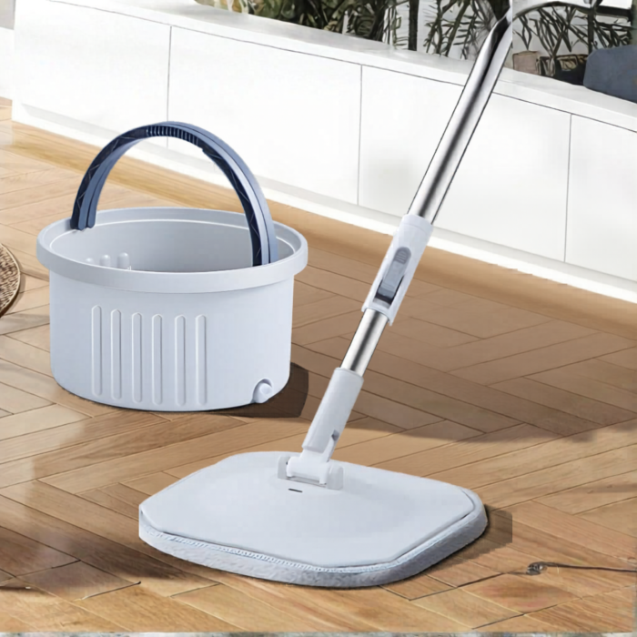 Mop plat VarioShop® cu găleată rotativă, sistem de centrifugare, mâner telescopic 120–140 cm și microfibră super absorbantă, pentru curățare rapidă a podelelor [4]
