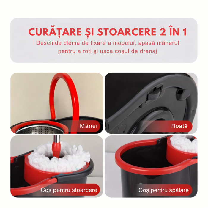 Mop rotativ cu galeata si sistem spin VarioShop®, maner telescopic, 2 rezerve microfibra, roti pentru transport, curatare eficienta si usoara [4]