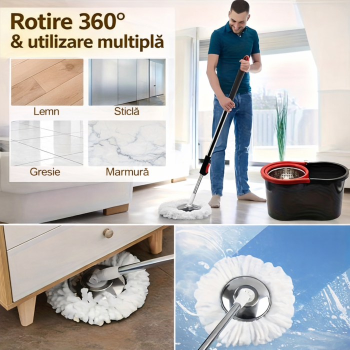 Mop rotativ cu galeata si sistem spin VarioShop®, maner telescopic, 2 rezerve microfibra, roti pentru transport, curatare eficienta si usoara [5]