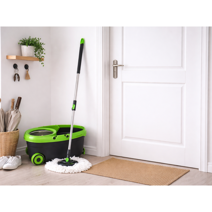 Mop rotativ VarioShop®, galeata si roti, sistem spin, maner telescopic, 2 rezerve microfibra, curatare eficienta si usoara [7]