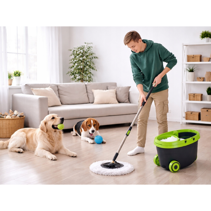 Mop rotativ VarioShop®, galeata si roti, sistem spin, maner telescopic, 2 rezerve microfibra, curatare eficienta si usoara [5]