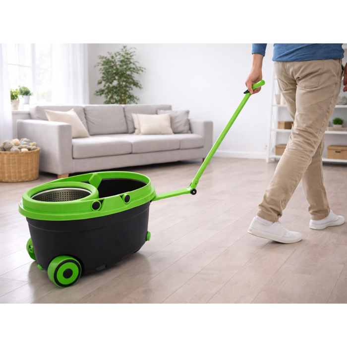 Mop rotativ VarioShop®, galeata si roti, sistem spin, maner telescopic, 2 rezerve microfibra, curatare eficienta si usoara [6]