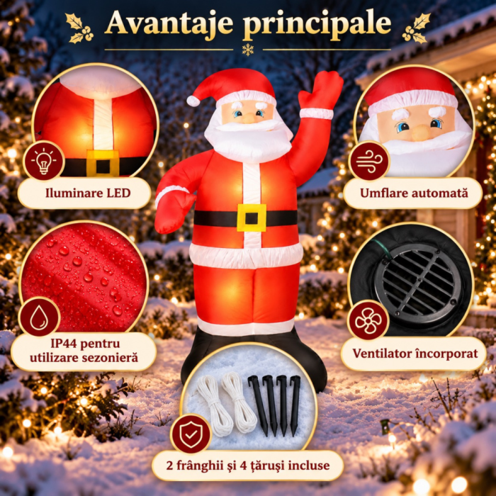 Mos Craciun gonflabil VarioShopu00ae, decoratiune pentru interior si exterior, iluminare LED, umflare automata, ventilator incorporat, accesorii fixare, IP44, 180 x 100 cm [6]