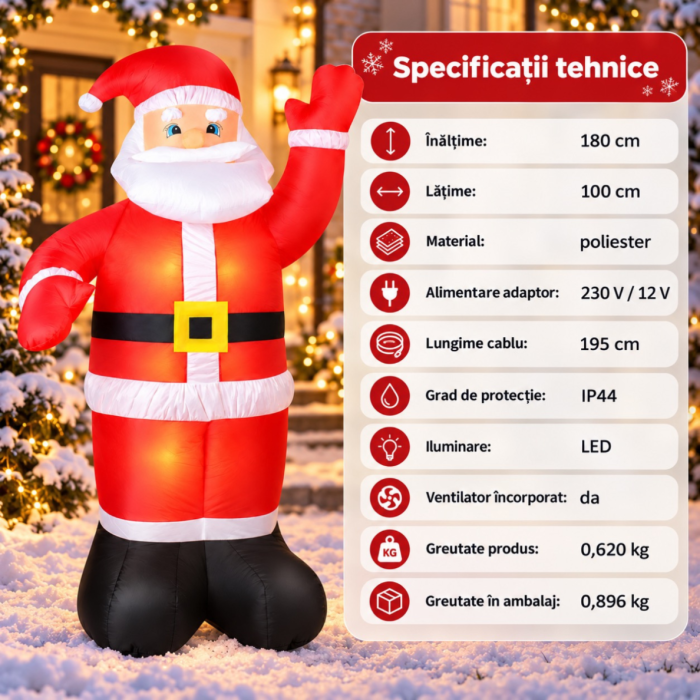 Mos Craciun gonflabil VarioShopu00ae, decoratiune pentru interior si exterior, iluminare LED, umflare automata, ventilator incorporat, accesorii fixare, IP44, 180 x 100 cm [7]