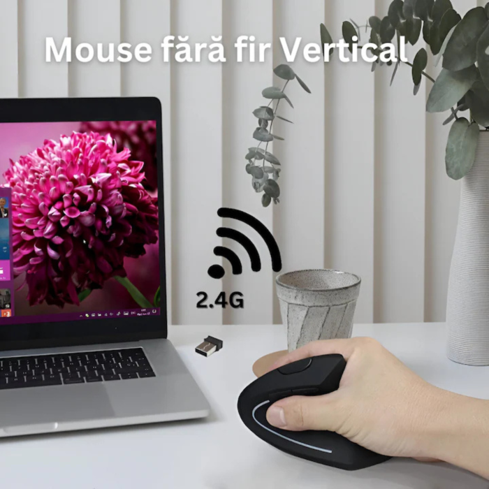 Mouse Vertical Wireless Ergonomic VarioShop®, 6 Butoane, Receptor USB Nano, Raza 10m, Compatibil cu Toate Sistemele de Operare, Design Antistres pentru Incheietura [8]