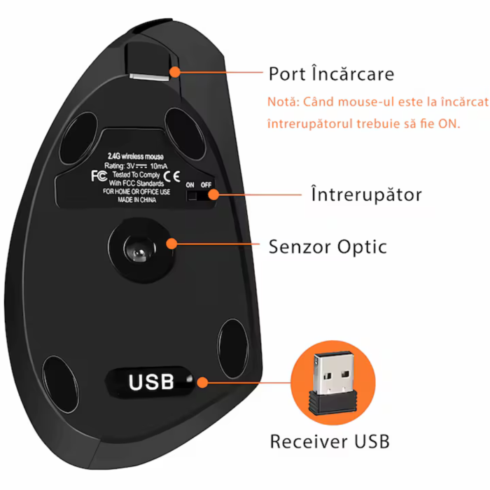 Mouse Vertical Wireless Ergonomic VarioShop®, 6 Butoane, Receptor USB Nano, Raza 10m, Compatibil cu Toate Sistemele de Operare, Design Antistres pentru Incheietura [4]