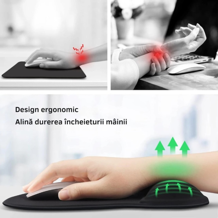 Mousepad cu suport pentru mana VarioShop®, ergonomic, confortabil, suprafata respirabila, anti-alunecare, 19 x 23 cm, Negru [2]