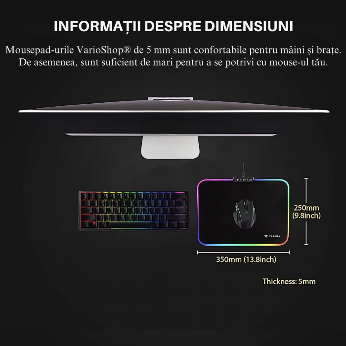 Mousepad de gaming VarioShop® cu iluminare LED, Confectionat din material flexibil, antiaderent si rezistent la umiditate, 4 module de iluminat, 7 culori, Cablu de aprox. 180 cm, Calitate premium, Dim [6]