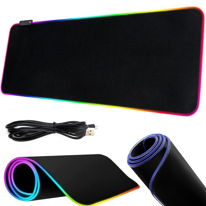 Mousepad de gaming VarioShop® cu iluminare LED, Confectionat din material flexibil, antiaderent si rezistent la umiditate, 4 module de iluminat, 7 culori, Cablu de aprox. 180 cm, Calitate premium, Dim [2]