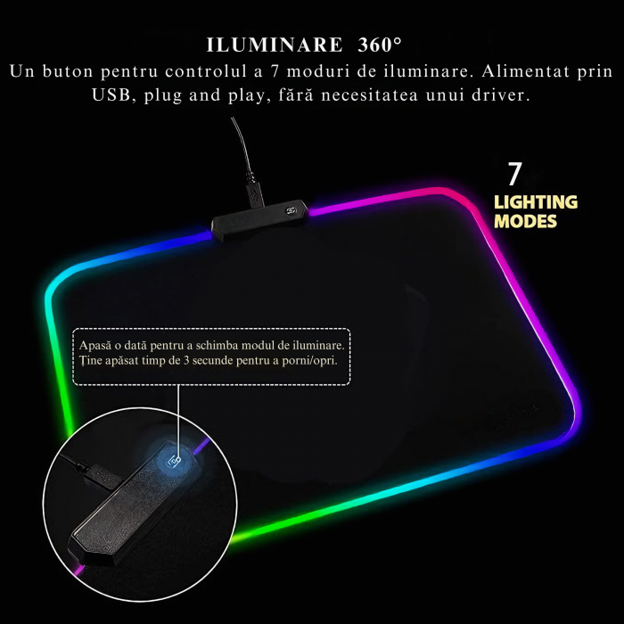 Mousepad de gaming VarioShop® cu iluminare LED, Confectionat din material flexibil, antiaderent si rezistent la umiditate, 4 module de iluminat, 7 culori, Cablu de aprox. 180 cm, Calitate premium, Dim [7]