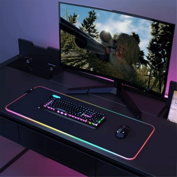 Mousepad de gaming VarioShop® cu iluminare LED, Confectionat din material flexibil, antiaderent si rezistent la umiditate, 4 module de iluminat, 7 culori, Cablu de aprox. 180 cm, Calitate premium, Dim [1]