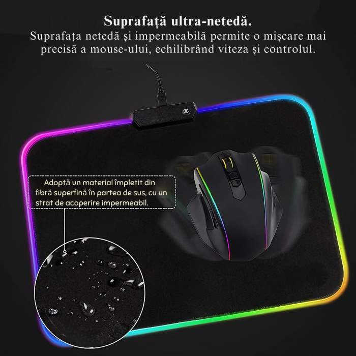 Mousepad de gaming VarioShop® cu iluminare LED, Confectionat din material flexibil, antiaderent si rezistent la umiditate, 4 module de iluminat, 7 culori, Cablu de aprox. 180 cm, Calitate premium, Dim [5]