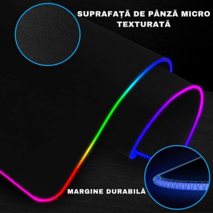 Mousepad de gaming VarioShop® cu iluminare LED, Confectionat din material flexibil, antiaderent si rezistent la umiditate, 4 module de iluminat, 7 culori, Cablu de aprox. 180 cm, Calitate premium, Dim [6]